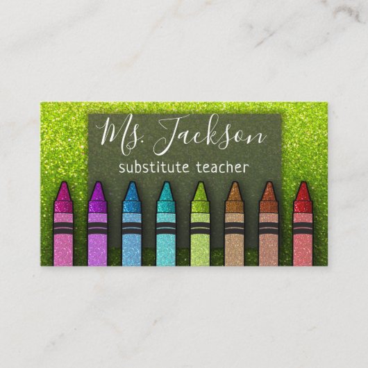 Chalkboard Naam leraar Rainbow Glitter Crayons Visitekaartje (Voorkant)