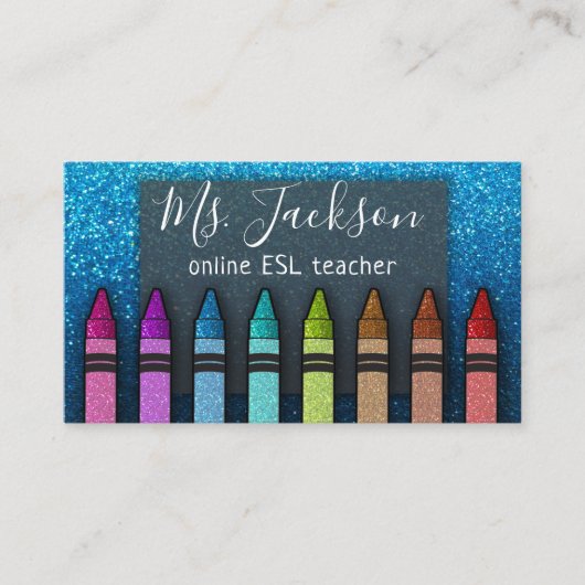 Chalkboard Naam leraar Rainbow Glitter Crayons Visitekaartje (Voorkant)