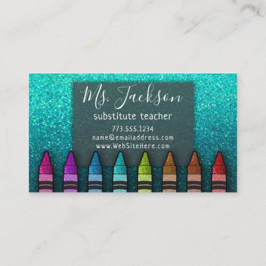 Chalkboard Naam leraar Rainbow Glitter Crayons Visitekaartje (Achterkant)