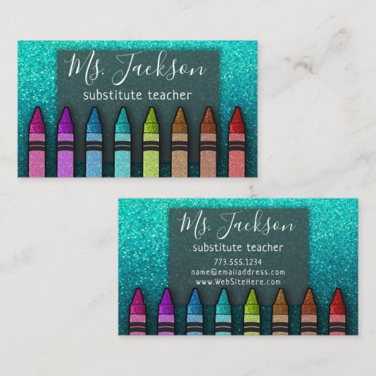 Chalkboard Naam leraar Rainbow Glitter Crayons Visitekaartje (Voorkant / Achterkant)