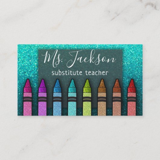 Chalkboard Naam leraar Rainbow Glitter Crayons Visitekaartje (Voorkant)