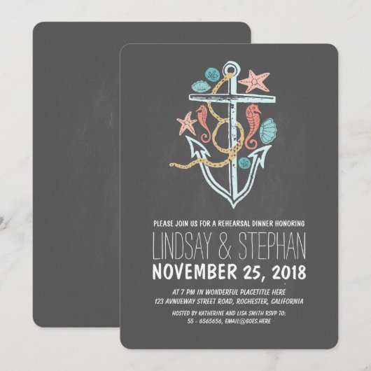 Chalkboard nautische strand repetitie diner uitnod kaart (Voorkant / Achterkant)