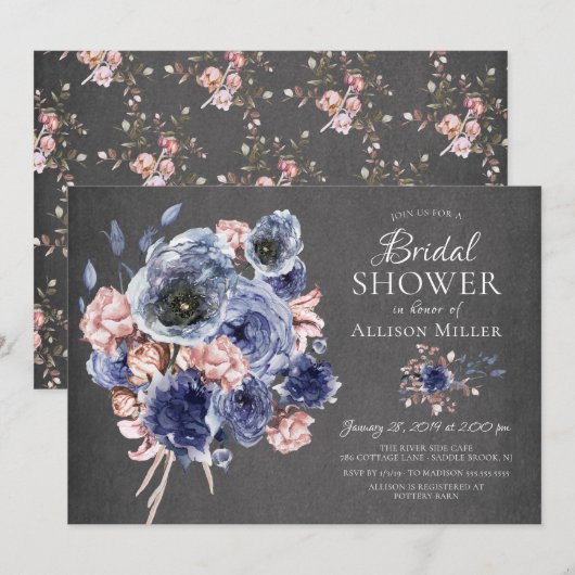 Chalkboard Navy Blush Floral Vrijgezellenfeest Kaart (Voorkant / Achterkant)