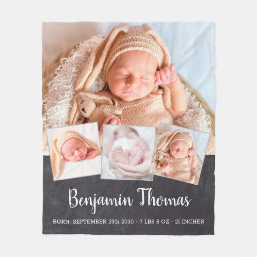 Chalkboard New Baby op maat 4 Foto Collage Fleece Deken (Voorkant)