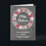 Chalkboard nicht en haar man vrolijk kerstfeest kaart<br><div class="desc">Vrolijk kerstfeest voor nichtje en haar man kaart met rustiek land krijtbord patroon en besneeuwde krans met poinsettias.</div>