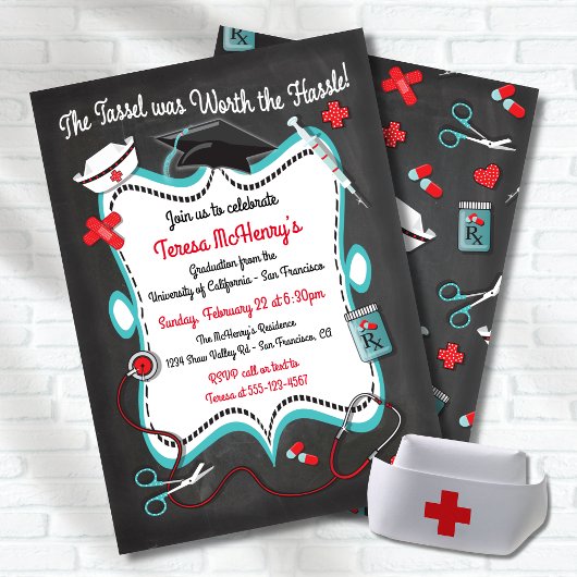 Chalkboard Nurse Medical Afstuderen Invitation Kaart