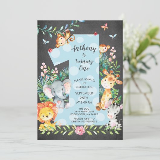 Chalkboard Oerwoud Big One Boys Verjaardagsuitnodi Kaart (Staand voorkant)