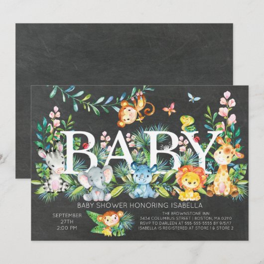 Chalkboard Oerwoud Neutral Baby shower Invitation Kaart (Voorkant / Achterkant)