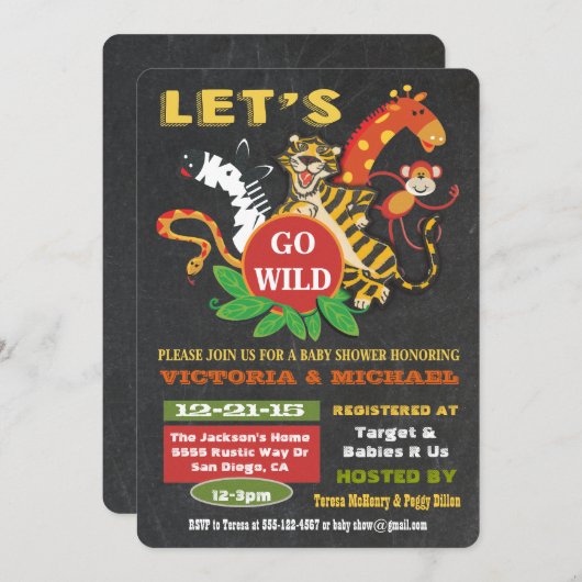 Chalkboard Oerwoud Safari Baby Shower-uitnodiginge Kaart (Voorkant / Achterkant)