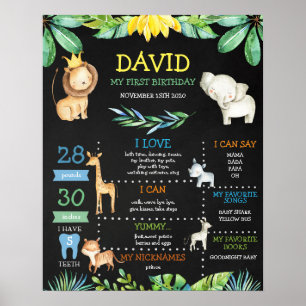 Chalkboard Oerwoud Safari First Birthday Milestone Poster