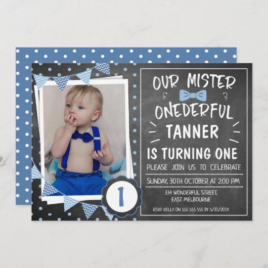 Chalkboard Onederful 1e verjaardag uitnodiging (Voorkant / Achterkant)