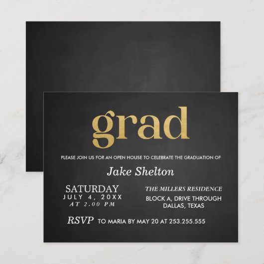 Chalkboard Open House Afstuderen Gold Afstudeerder Kaart (Voorkant / Achterkant)