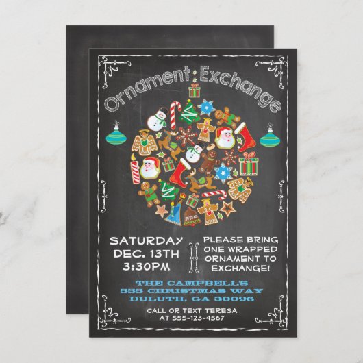 Chalkboard Ornament Exchange Invitation Kaart (Voorkant / Achterkant)