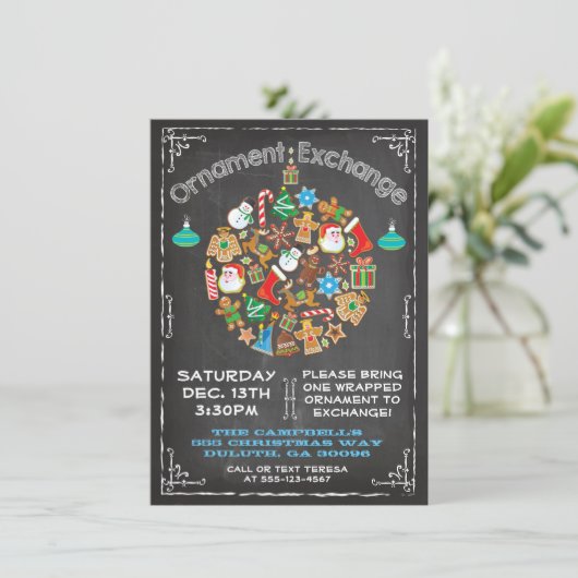 Chalkboard Ornament Exchange Invitation Kaart (Staand voorkant)