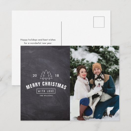 Chalkboard paar hond kerstvakantie fotokaart feestdagenkaart (Voorkant / Achterkant)