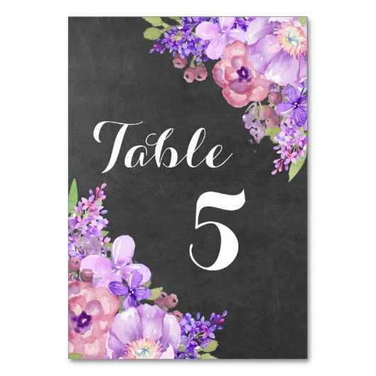 Chalkboard Paarse Bloemen Tafel Nummer Kaart (Voorkant)