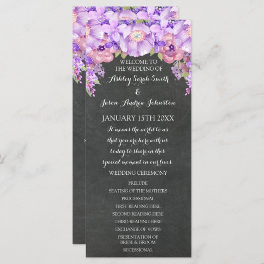 Chalkboard Paarse Lavendel Bloemen Trouwprogramma Programmakaart (Voorkant / Achterkant)