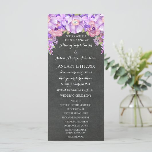 Chalkboard Paarse Lavendel Bloemen Trouwprogramma Programmakaart (Staand voorkant)