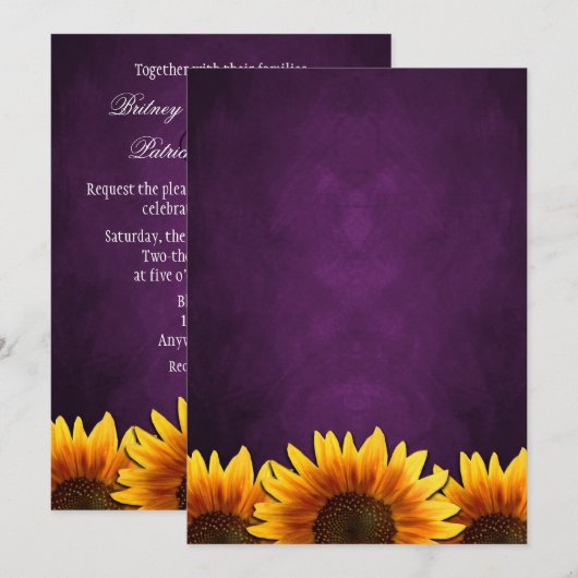 Chalkboard Paarse Sunflower Wedding Invitting Kaart (Voorkant / Achterkant)