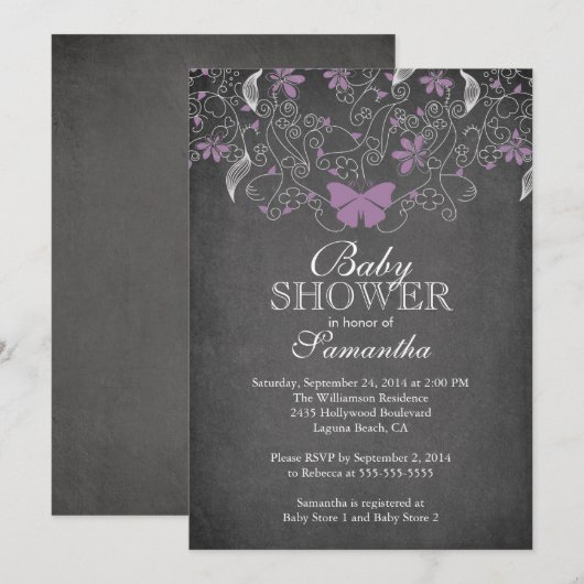 Chalkboard Paarse Vlinder Meisje Baby shower Kaart (Voorkant / Achterkant)