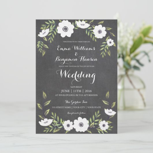 Chalkboard Painted Anemones - bruiloft uitnodiging (Staand voorkant)