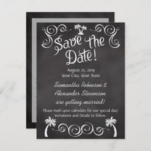 Chalkboard Palm Beach Weddenschap Save the Date Aankondigingskaart (Voorkant / Achterkant)
