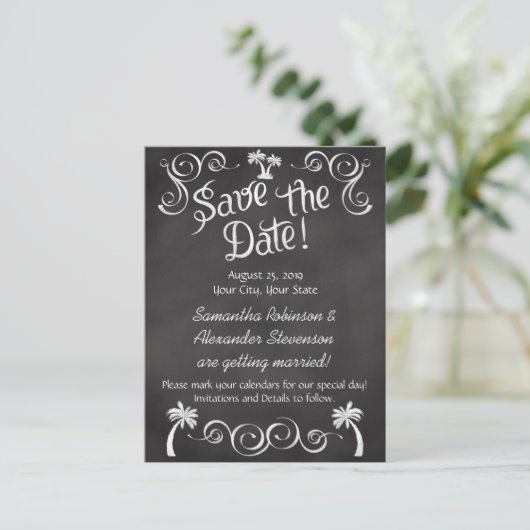 Chalkboard Palm Beach Weddenschap Save the Date Aankondigingskaart (Staand voorkant)