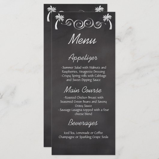 Chalkboard Palm Tree Beach Bruiloft Receptie Menu (Voorkant / Achterkant)