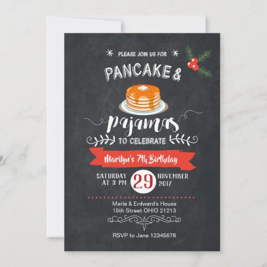 Chalkboard Pancake and Pajamas Birthday Invitation Kaart (Voorkant)