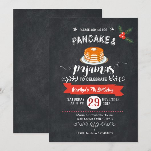 Chalkboard Pancake and Pajamas Birthday Invitation Kaart (Voorkant / Achterkant)