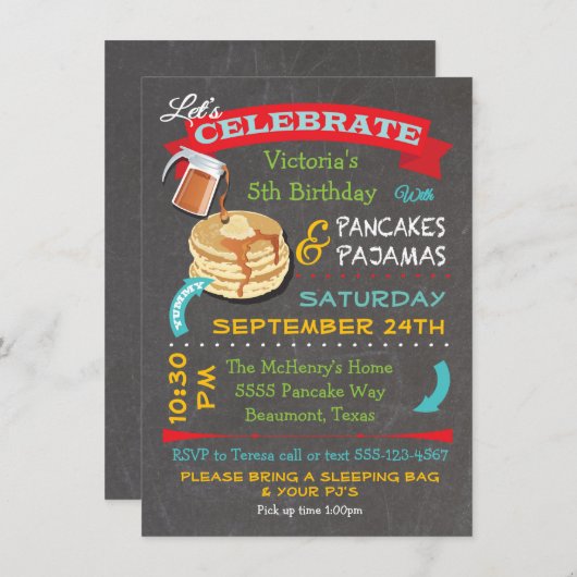 Chalkboard Pancakes en Pajamas Birthday Party Kaart (Voorkant / Achterkant)