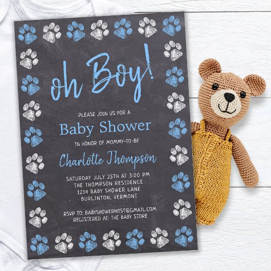 Chalkboard Paw Drukt Blue Boy Baby shower af Kaart