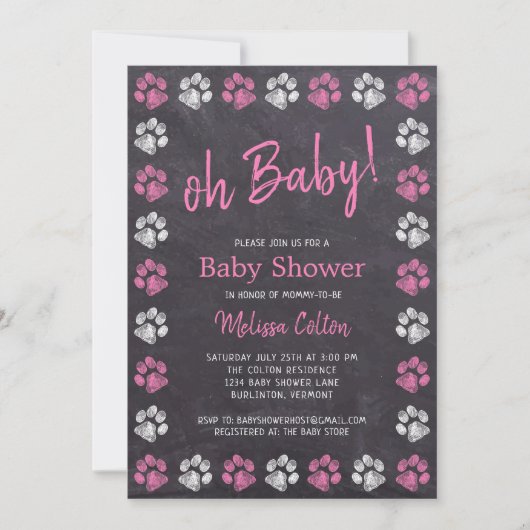 Chalkboard Paw Drukt roze Baby shower Kaart (Voorkant)