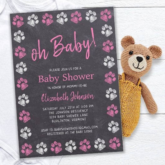 Chalkboard Paw Drukt roze Baby shower Kaart