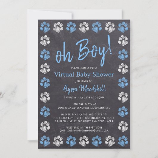 Chalkboard Paw Print Blue Boy Virtual Baby shower Kaart (Voorkant)