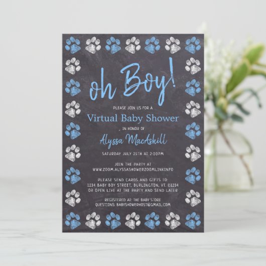 Chalkboard Paw Print Blue Boy Virtual Baby shower Kaart (Staand voorkant)