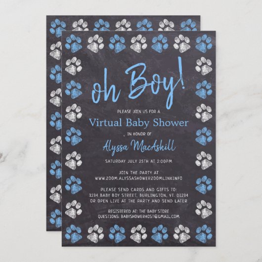 Chalkboard Paw Print Blue Boy Virtual Baby shower Kaart (Voorkant / Achterkant)