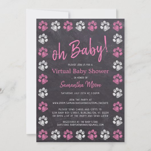 Chalkboard Paw Print Pink Meisje Virtual Baby show Kaart (Voorkant)