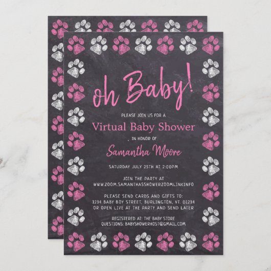 Chalkboard Paw Print Pink Meisje Virtual Baby show Kaart (Voorkant / Achterkant)