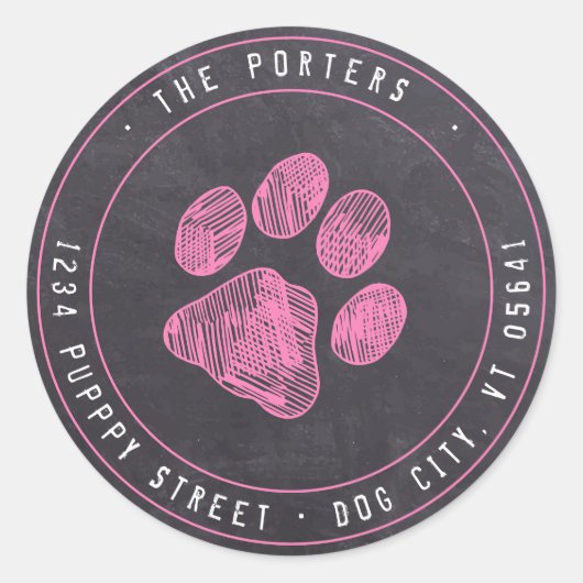 Chalkboard Paw Print Roze retour adreslabel Ronde Sticker (Voorkant)