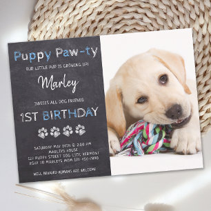 Chalkboard Pawty Blue Dog Birthday Party Briefkaart