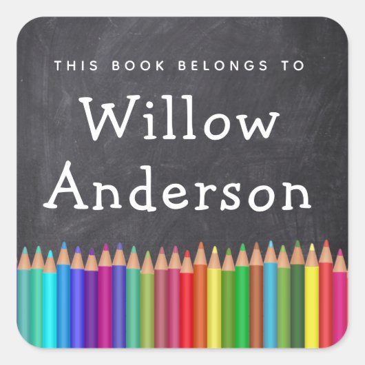 Chalkboard Pencils Name Bookplaat Vierkante Sticker (Voorkant)