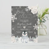 Chalkboard Penguin Snowflake Floral Baby shower Kaart (Staand voorkant)