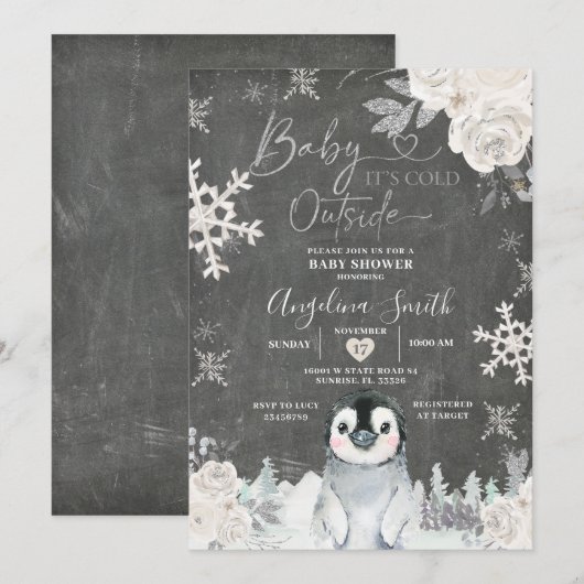 Chalkboard Penguin Snowflake Floral Baby shower Kaart (Voorkant / Achterkant)