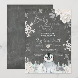 Chalkboard Penguin Snowflake Floral Baby shower Kaart
