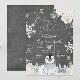 Chalkboard Penguin Snowflake Floral Baby shower Kaart