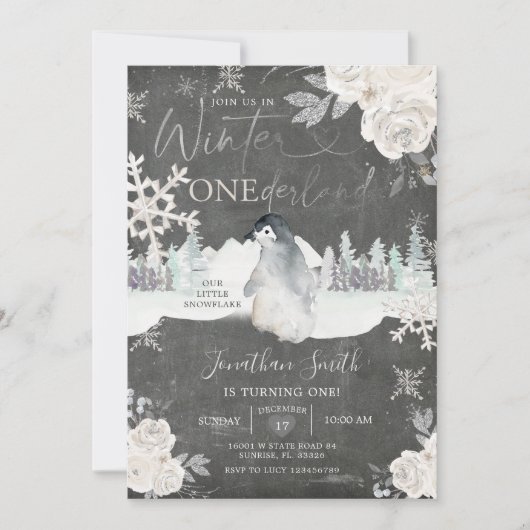 Chalkboard Penguin Winter Onederland 1e verjaardag Kaart (Voorkant)