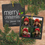 Chalkboard Photo Collage Merry kerst Holly Keramisch Ornament<br><div class="desc">Een eenvoudig en modern ontwerp dat uw foto's benadrukt. Als u om het even welke problemen met uw afbeelding of tekst hebt,  klik op de aanpassingsknoop en u zult dingen rond kunnen bewegen en veranderingen aanbrengen.</div>