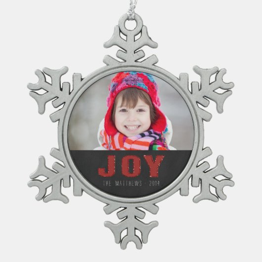 Chalkboard Photo Holiday Greeting | Rode Joy Tin Sneeuwvlok Ornament (Voorkant)