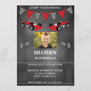 Chalkboard Photo Race Car Birthday Uitnodiging
